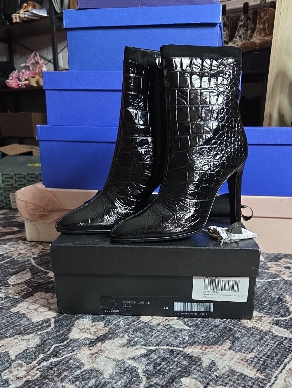 Giuseppe Zanotti Black Croc-Embossed Pointed Stiletto Ankle Boots
